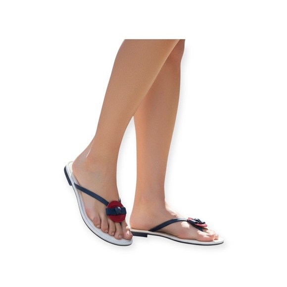 Kate Spade KSNY Thong Button + Bow Flat Leather Sandals Red White Blue 8M - Picture 15 of 16